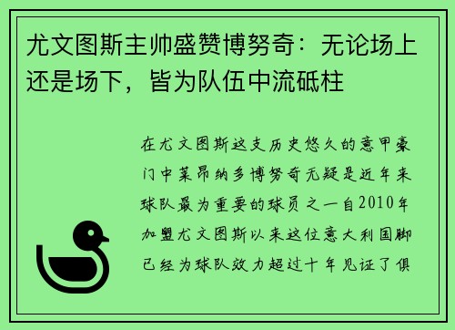 尤文图斯主帅盛赞博努奇：无论场上还是场下，皆为队伍中流砥柱